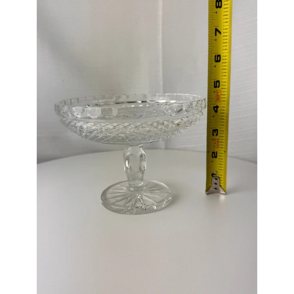 Vintage Clear Pressed Glass Pedestal Compote Diamond Point Starburst 6.5